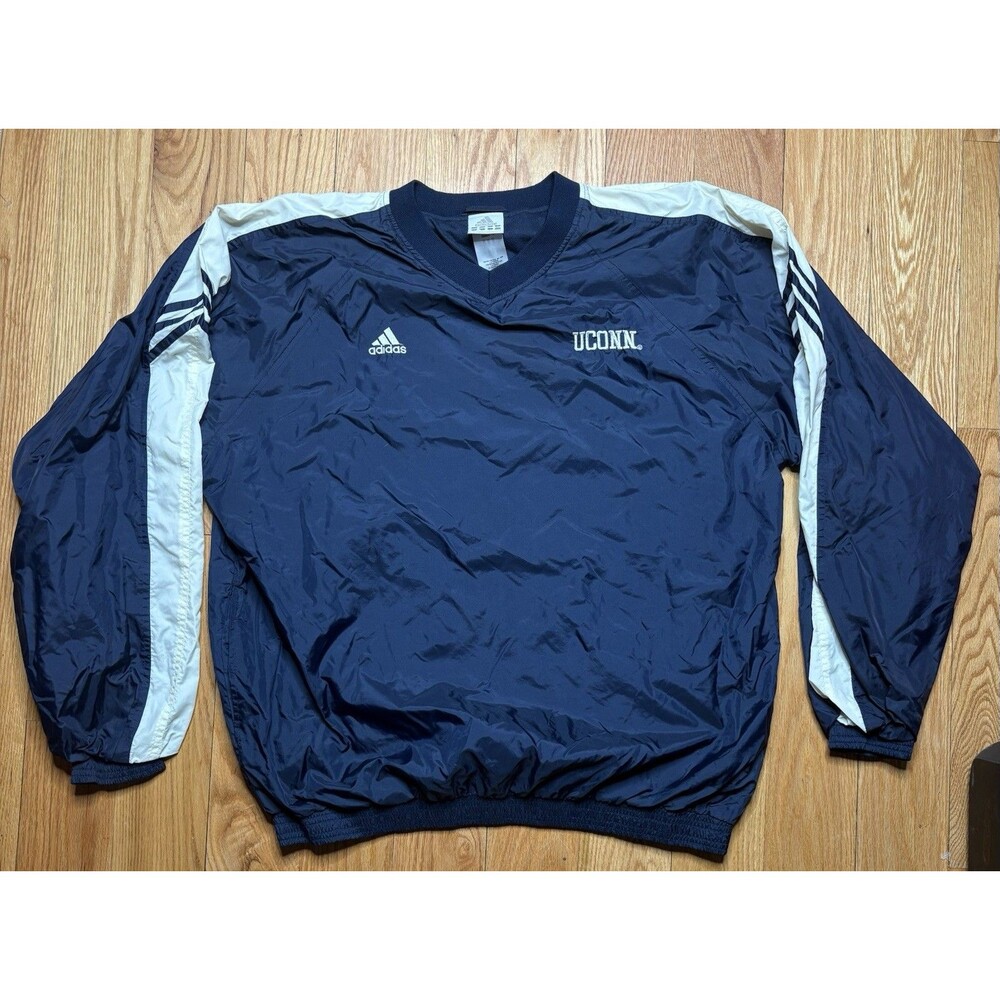 UConn Huskies Mens XL Blue Windbreaker V Neck Pullover Adidas Y2K VTG Jacket